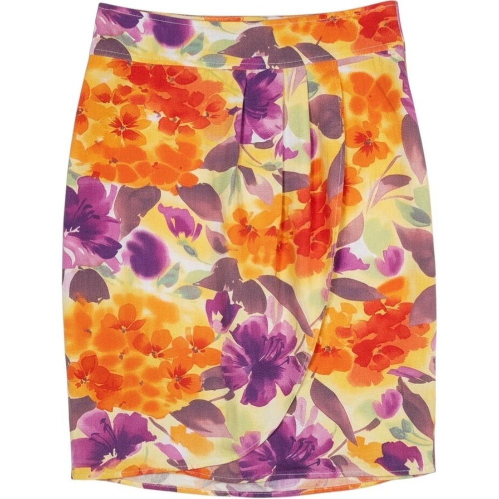 Christopher & Banks Floral Linen Blend Skirt Orange Purple Sz 10 Tropical Resort